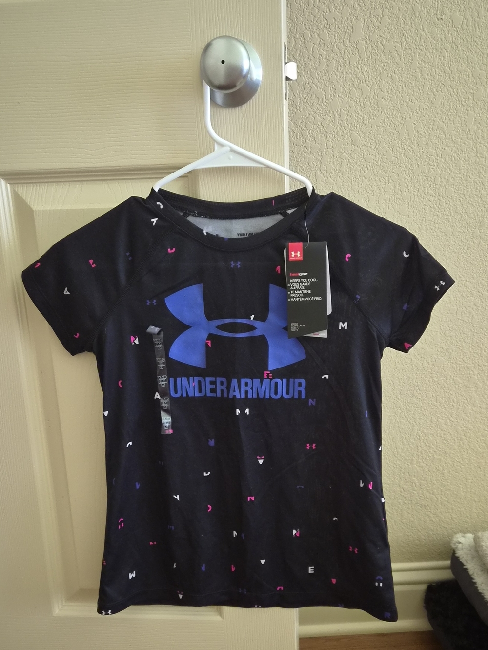 Under Armour Black Tee with Blue Logo and Pink Accents. Kids Girls